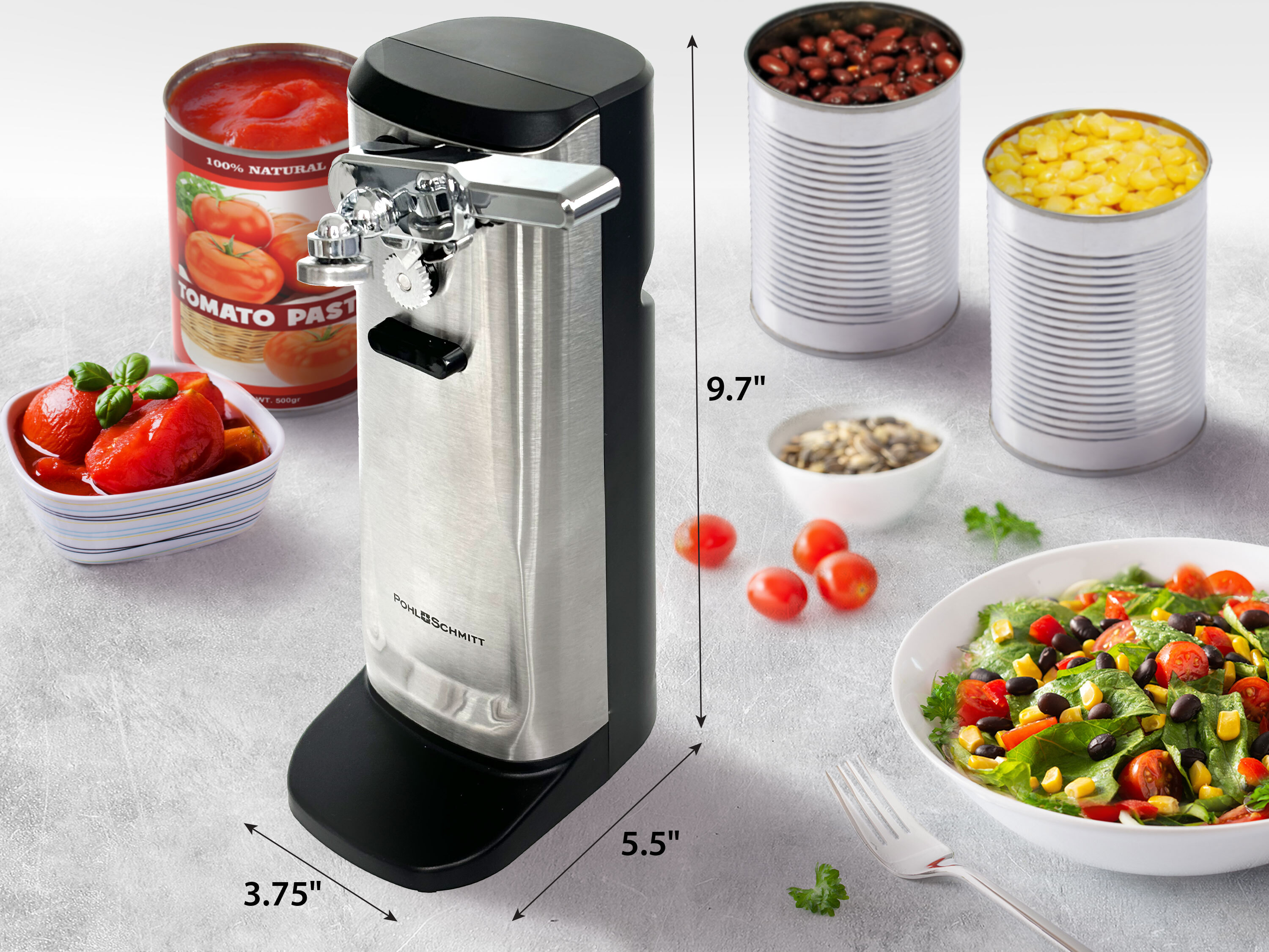 Pohl+Schmitt Can Opener Dimensions and Compatible Can Sizes - 9.7 inches tall, 5.5 inches deep, 3.75 inches wide