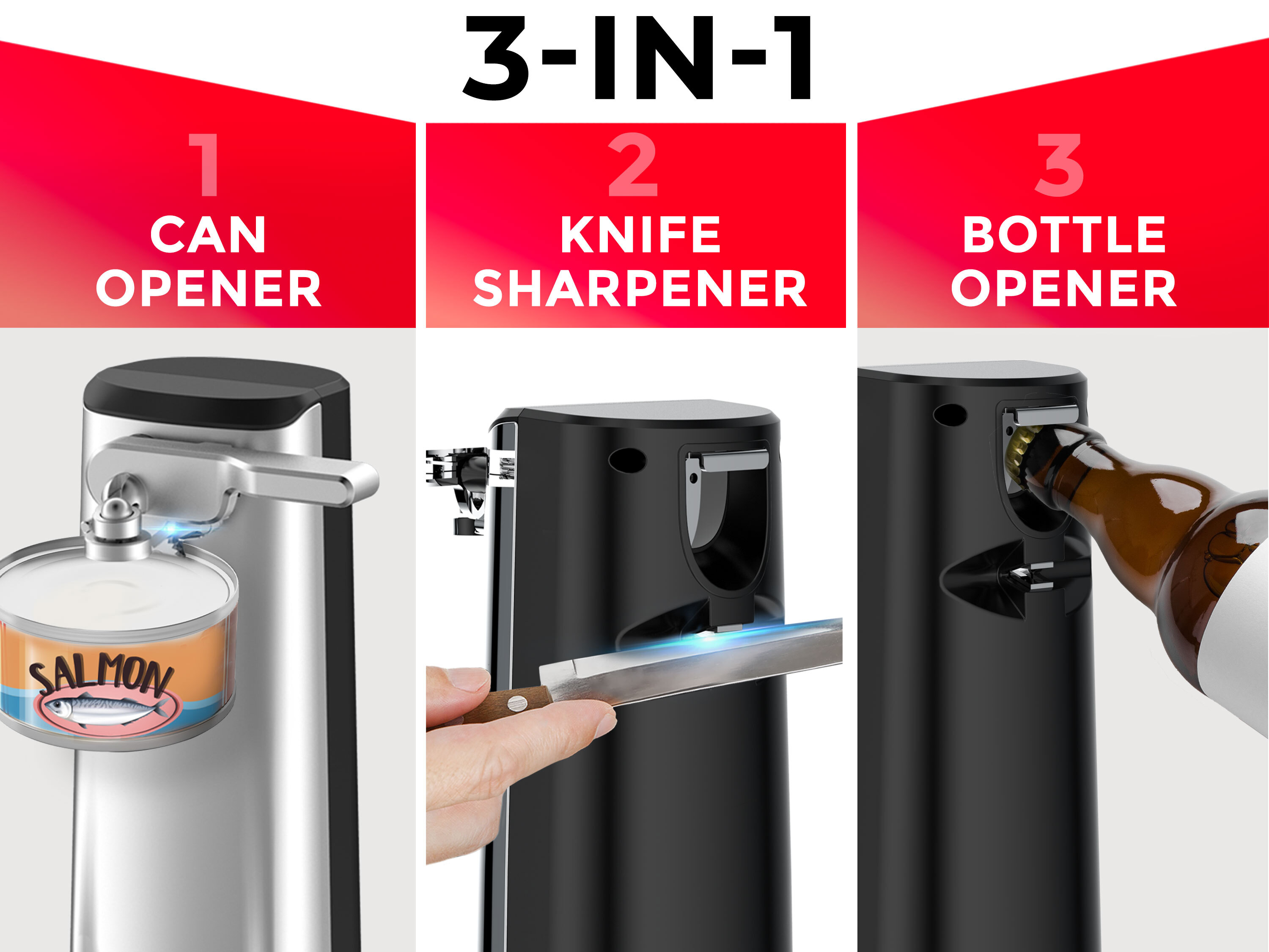 3-in-1 Functionality: Can Opener, Knife Sharpener, and Bottle Opener